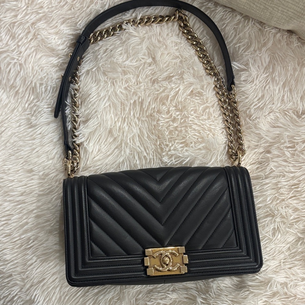 CHANEL Black Chevron Quilted LeBoy Bag with Gold Chain